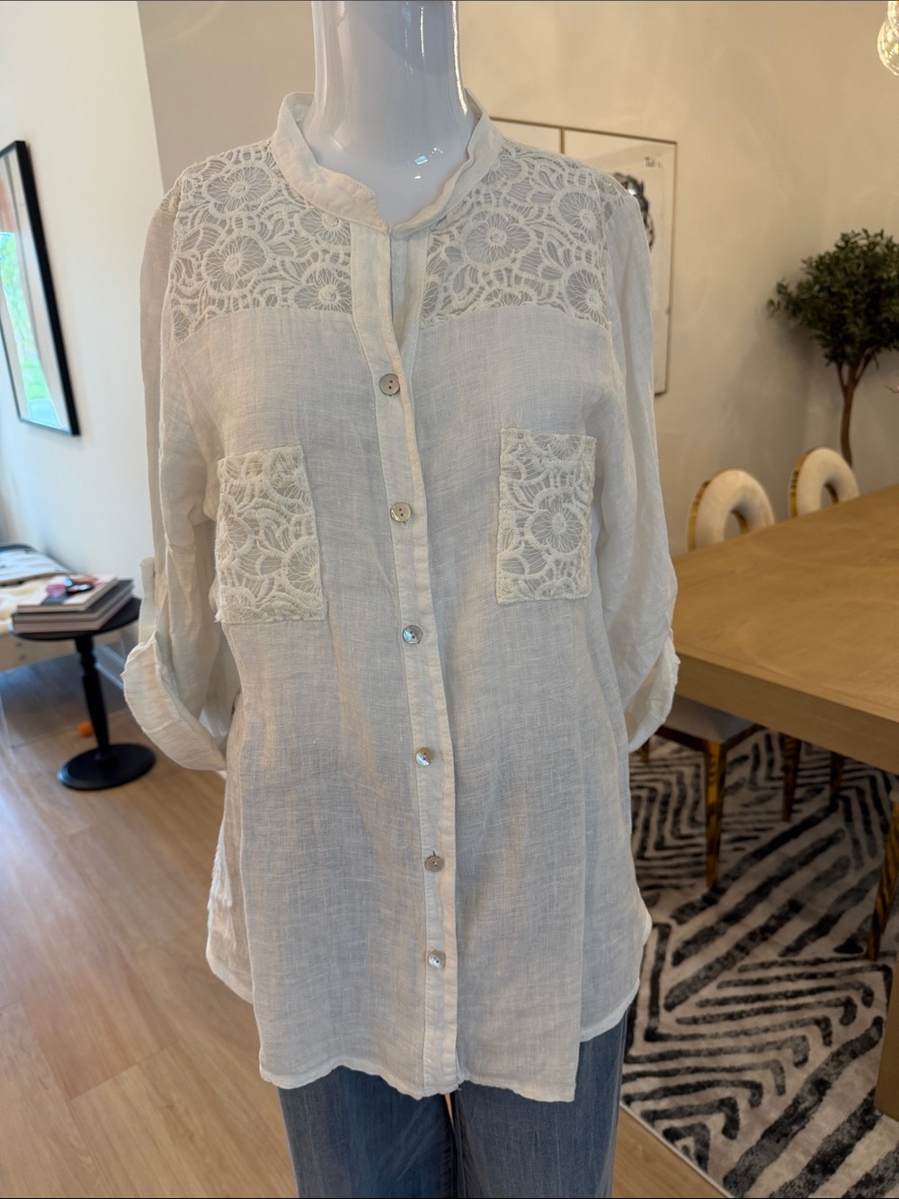 M- in Italy Off White Linen Button Down Shirt w/Lace Details